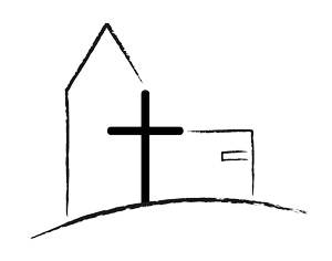Einfache Zeichnung einer Kirche mit großem Kreuz.