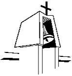 Abbildung einer modernen Kirche mit Kreuz.