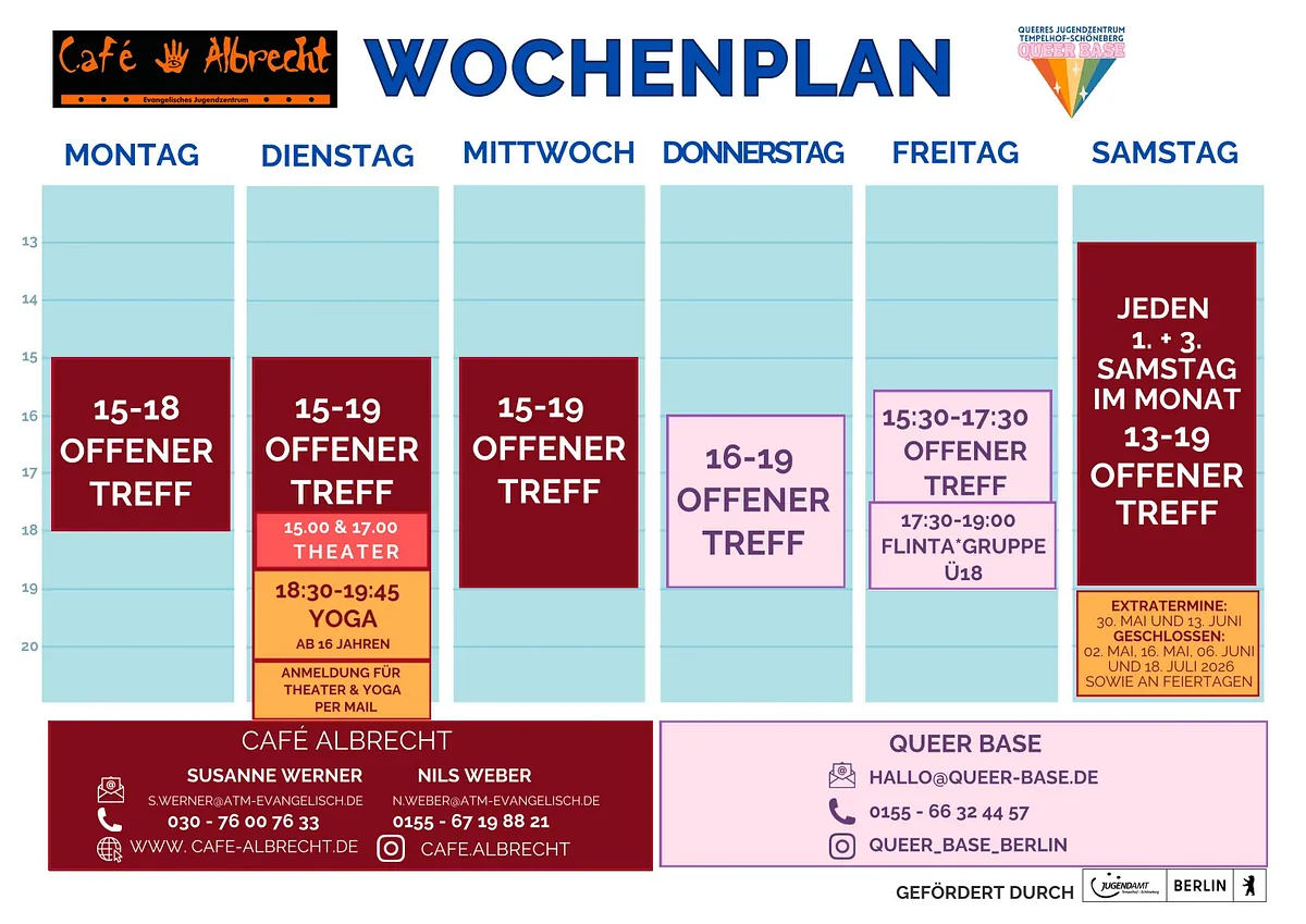 Wochenplan für Café Albrecht und Queer Base mit Veranstaltungen.
