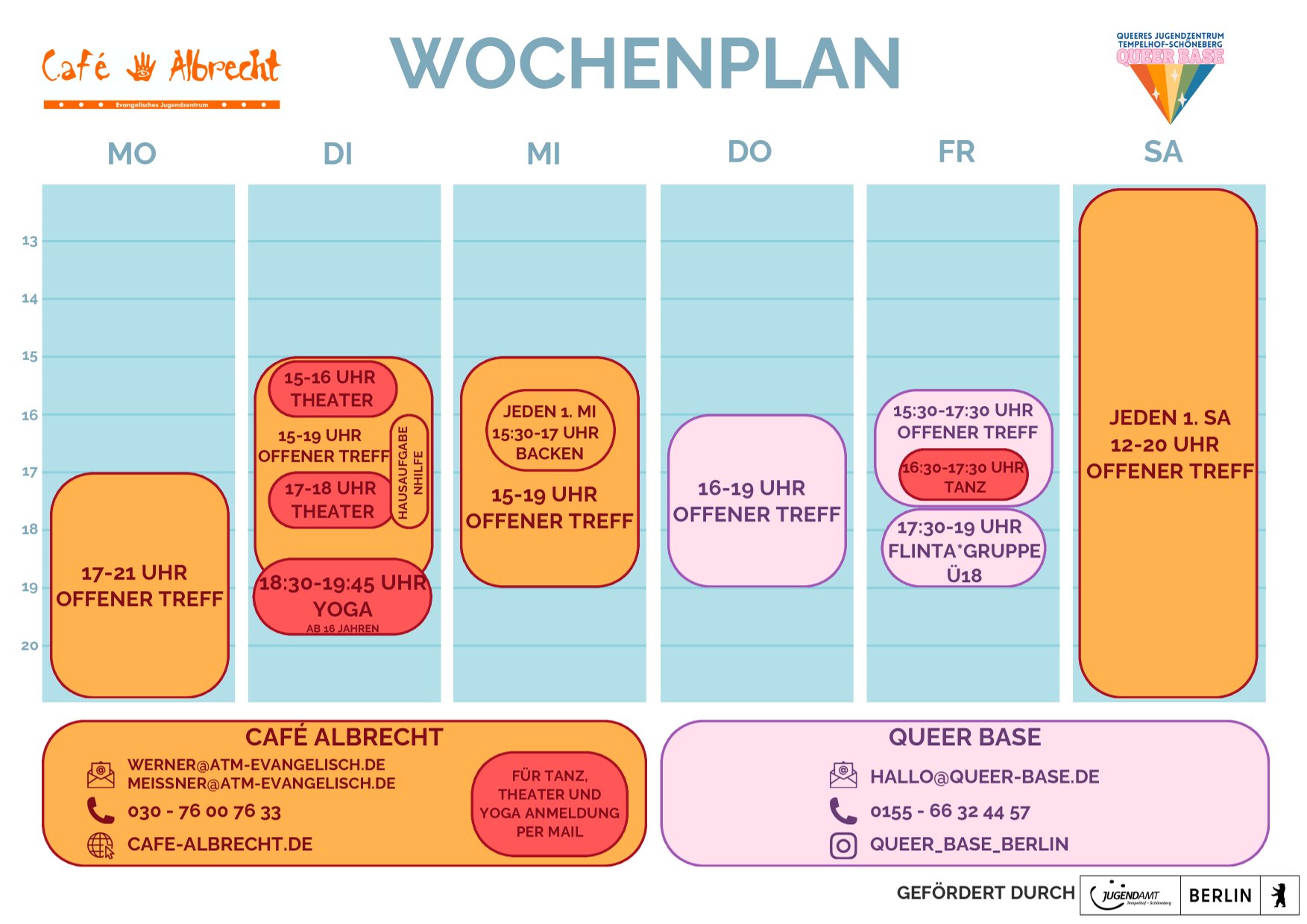 Wochenplan für Café Albrecht und Queer Base mit Veranstaltungen.