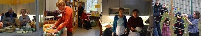 Collage: Gemeinschaftsaktivitäten wie Essen, Backen und Außendekoration.